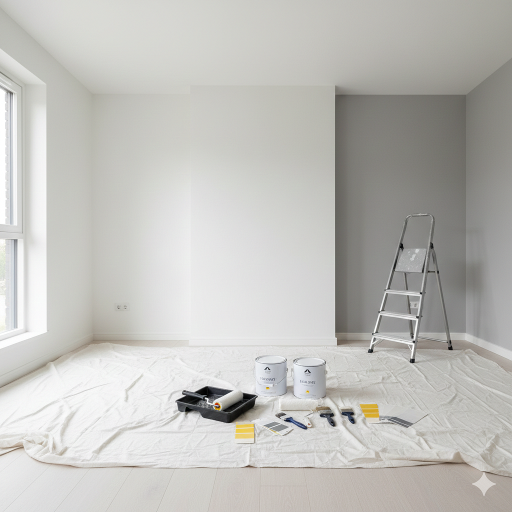 Professional home painting tools and freshly painted interior in Melbourne