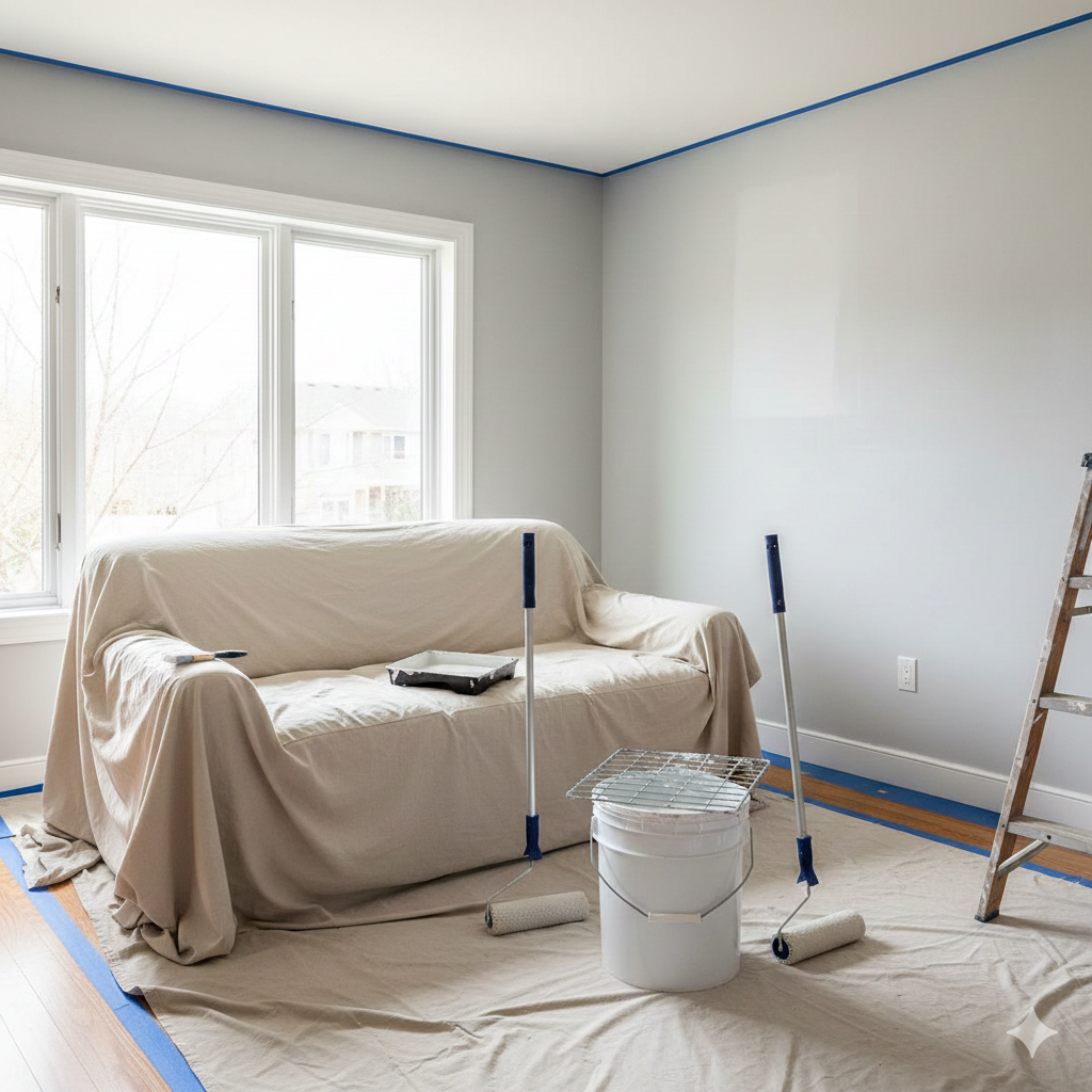 Professional house painting preparation and clean finishing process